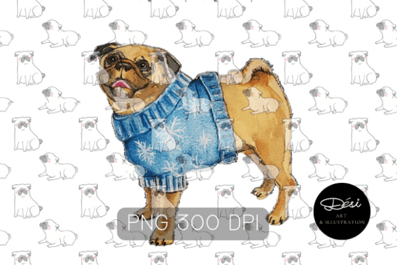 Charming Pug Dog PNG Watercolor Brown Pug Illustrations for Local Branding