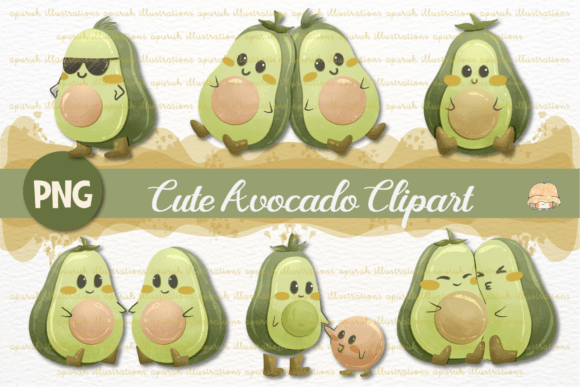 Cute Avocado Cartoon Watercolor Clipart for Local Branding