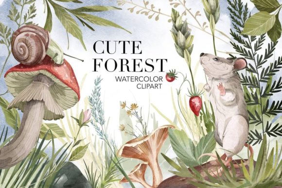 Cute Forest Watercolor Elements Clipart for Branding & Marketing Illustrations