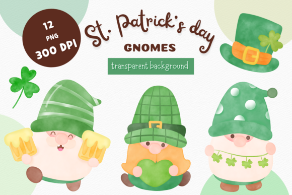 Cute Gnome St Patricks Watercolor Kawaii Illustrations for Festive Branding