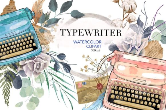 Typewriter Watercolor Writer Clipart: A Nostalgic Touch for Local Brand Illustrations