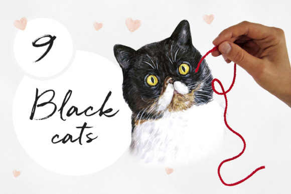 Watercolor 9 Black Cats Illustrations for Creative Sellers