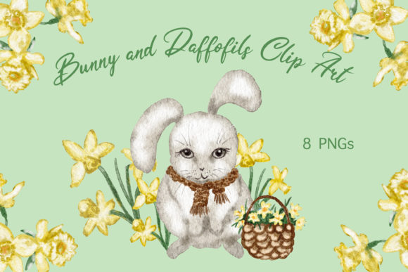 Watercolor Bunny Daffodils Clip Art for Illustrations & Digital Product Sellers