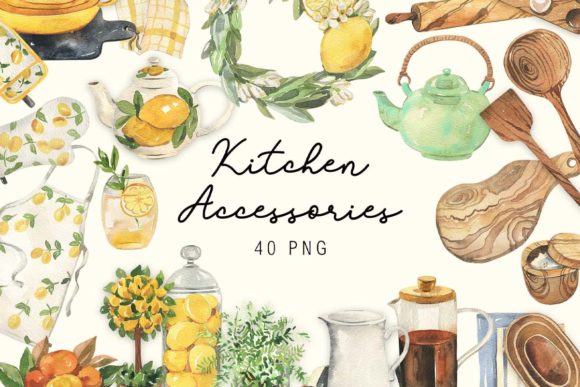 Watercolor Kitchen Accessories Clipart for Real Crafting & Handmade Business